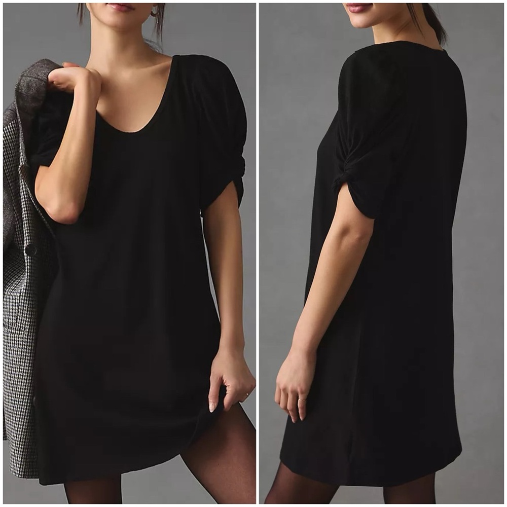 NWT Anthropologie Large Amadi Black Jersey Knit Twist Puff Sleeve Tunic Dress